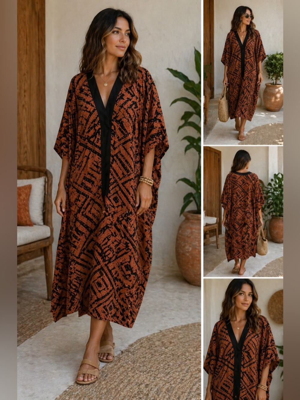 Peruvian Connection Pima Cotton Caftan Dress Brown Black Tribal Print  Lagenlook